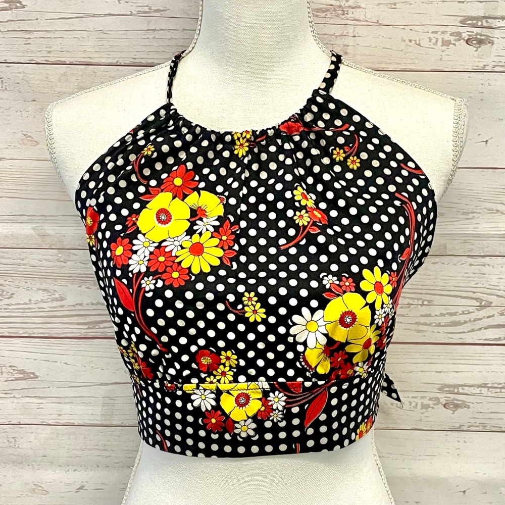 Vintage Floral Polka Dot Halter Crop Top